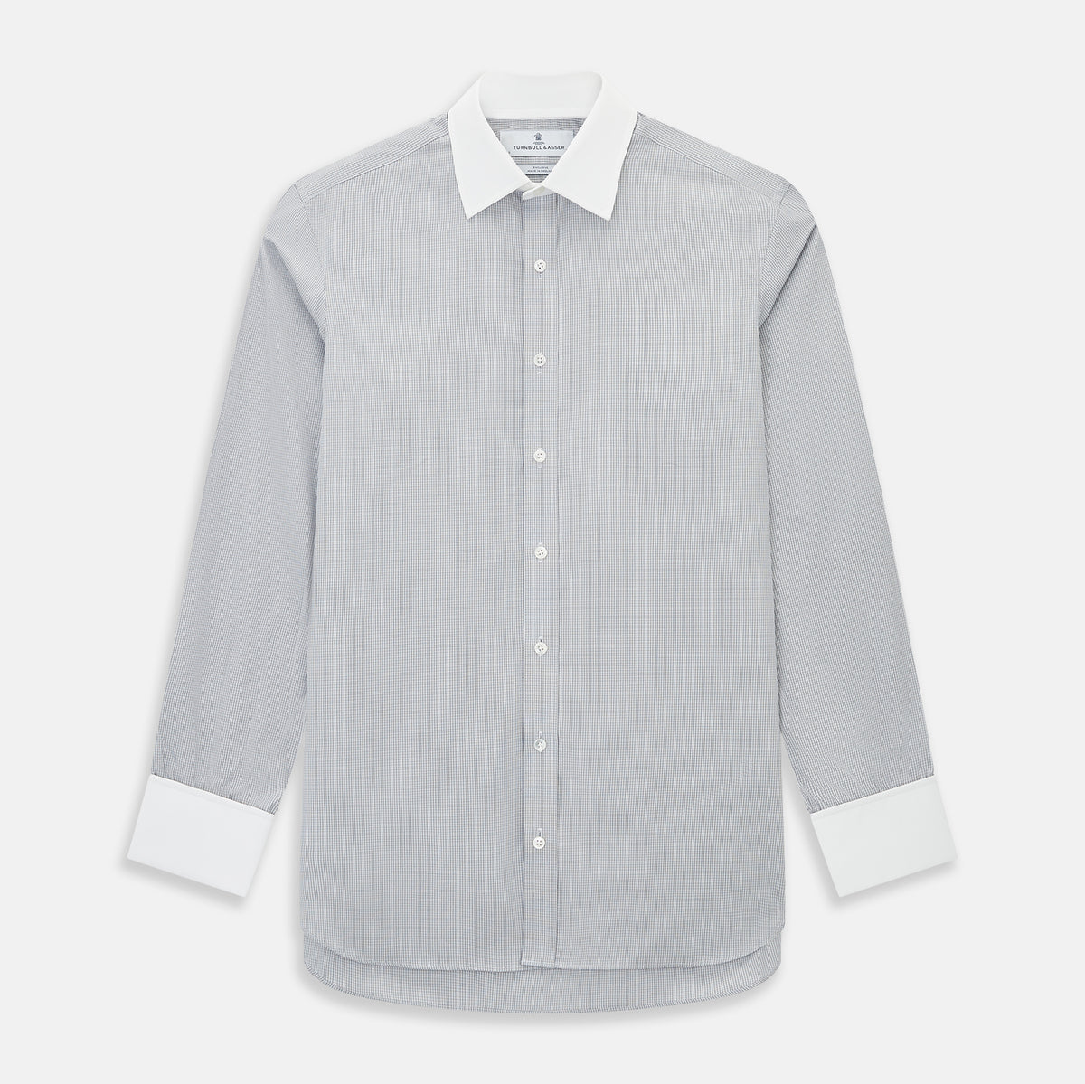 View 1 of product A Chequered White on Navy Regular Fit Shirt in Cotton by Turnbull & Asser UK, featuring a light gray finely checked pattern with a contrasting white collar and white French cuffs, long sleeves, buttoned up and displayed against a white background.