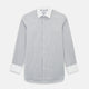 A Chequered White on Navy Regular Fit Shirt in Cotton by Turnbull & Asser UK, featuring a light gray finely checked pattern with a contrasting white collar and white French cuffs, long sleeves, buttoned up and displayed against a white background.
