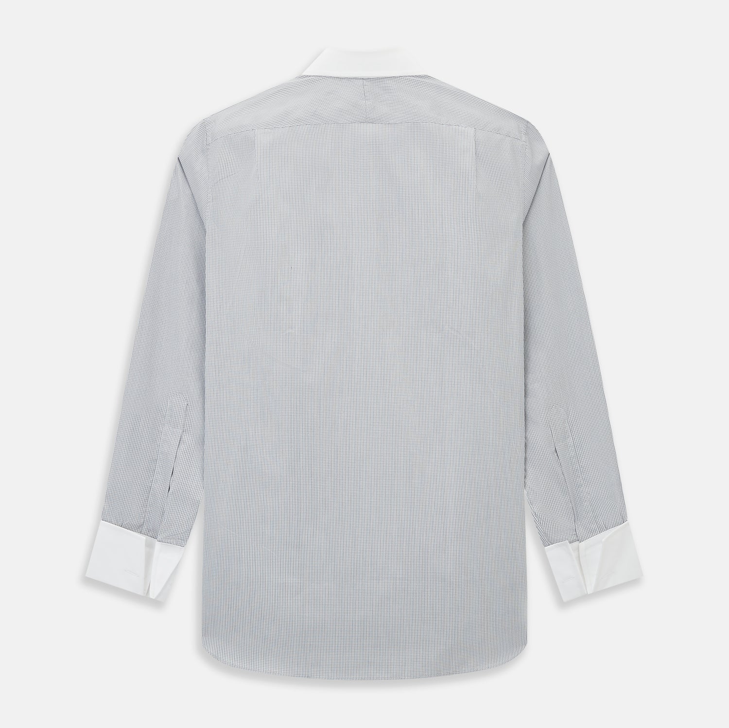View 3 of product A Chequered White on Navy Regular Fit Shirt in Cotton by Turnbull & Asser UK, featuring a light gray finely checked pattern with a contrasting white collar and white French cuffs, long sleeves, buttoned up and displayed against a white background.