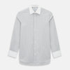View 1 of product A navy men’s dress shirt with subtle white stripes, crafted from cotton and laid flat on a plain white background; the Striped White on Navy Regular Fit Shirt by Turnbull & Asser UK is a timeless formal piece for any wardrobe.