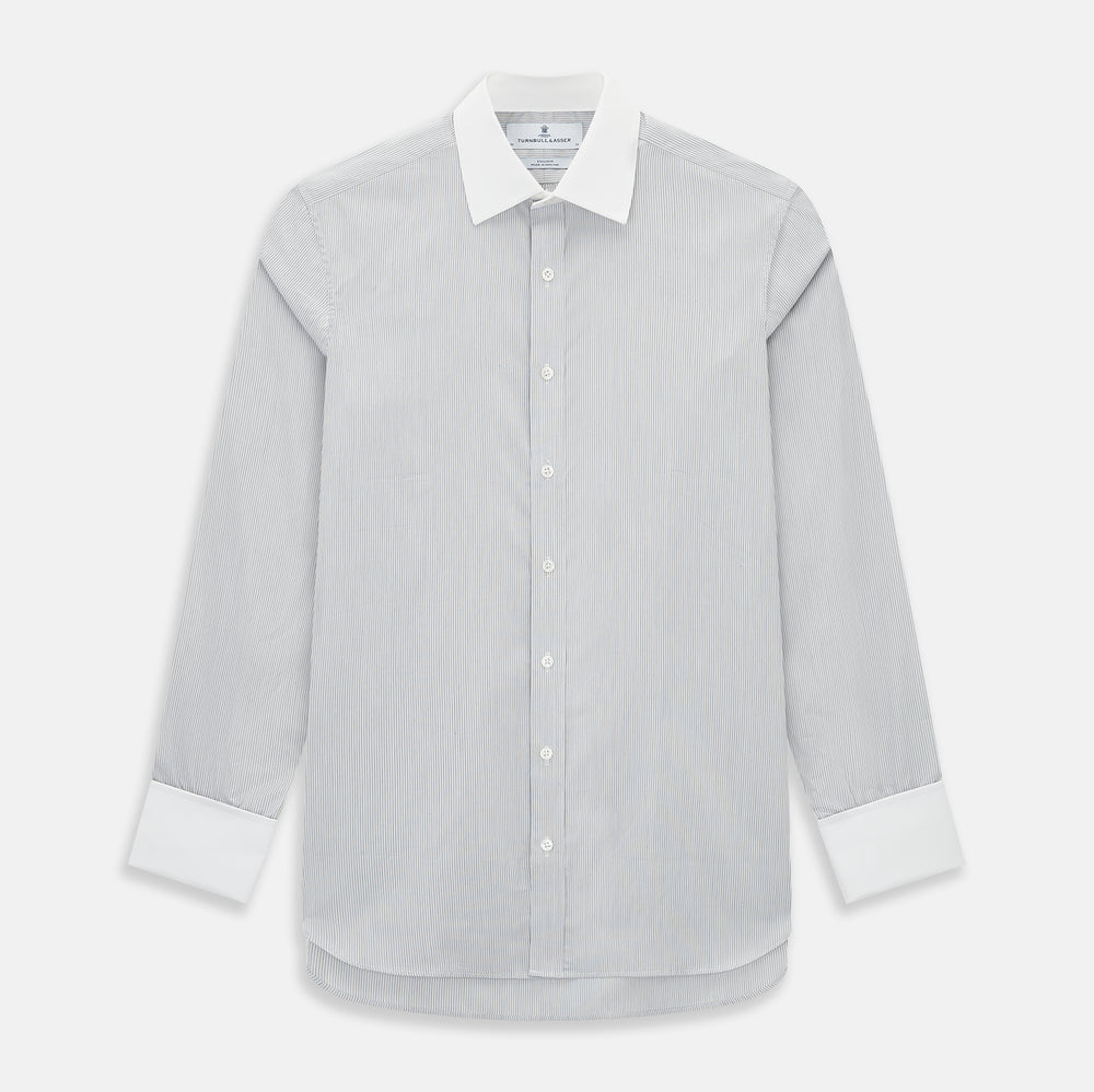 A navy men’s dress shirt with subtle white stripes, crafted from cotton and laid flat on a plain white background; the Striped White on Navy Regular Fit Shirt by Turnbull & Asser UK is a timeless formal piece for any wardrobe.