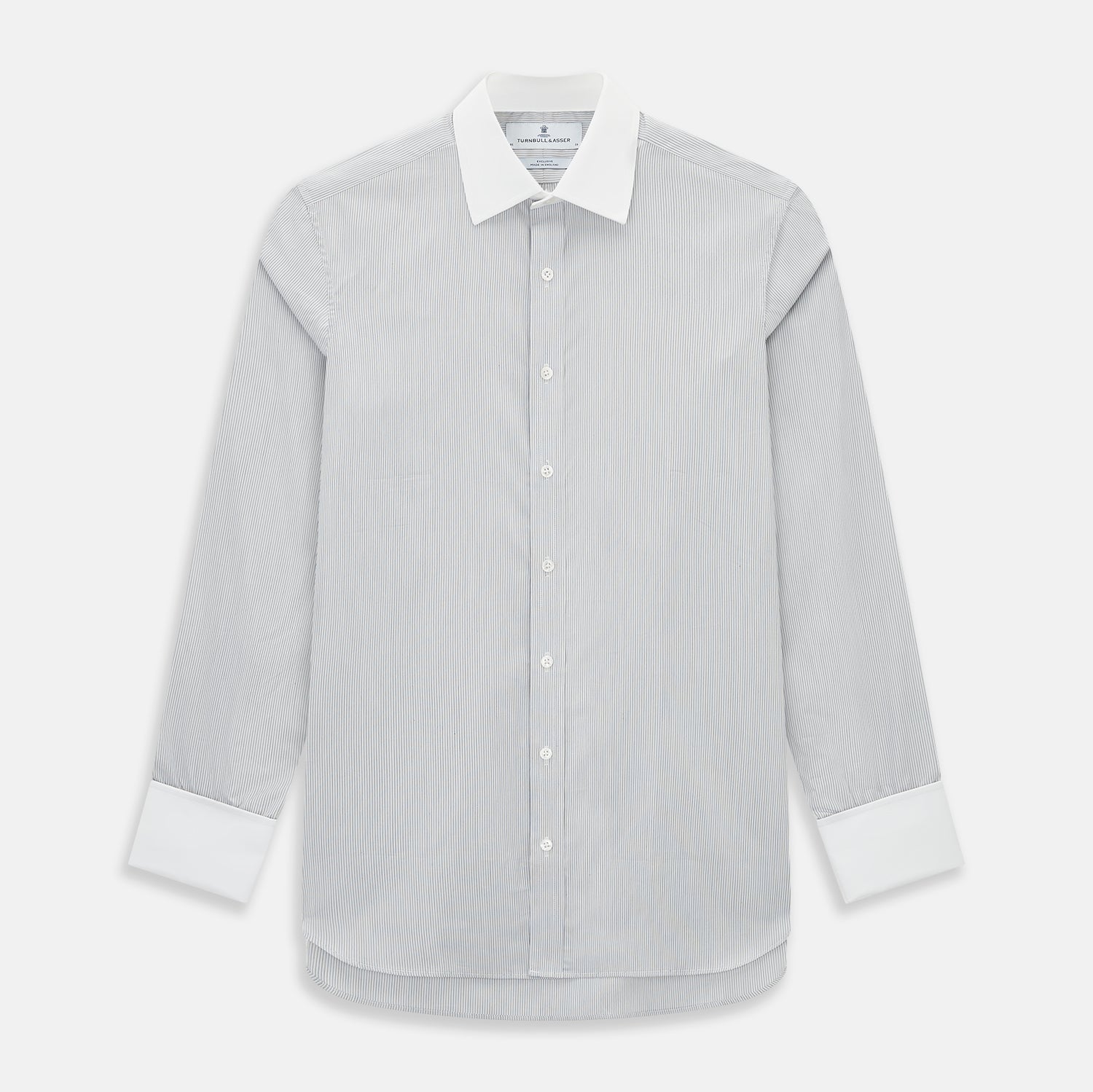 View 1 of product A navy men’s dress shirt with subtle white stripes, crafted from cotton and laid flat on a plain white background; the Striped White on Navy Regular Fit Shirt by Turnbull & Asser UK is a timeless formal piece for any wardrobe.
