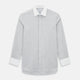 A navy men’s dress shirt with subtle white stripes, crafted from cotton and laid flat on a plain white background; the Striped White on Navy Regular Fit Shirt by Turnbull & Asser UK is a timeless formal piece for any wardrobe.
