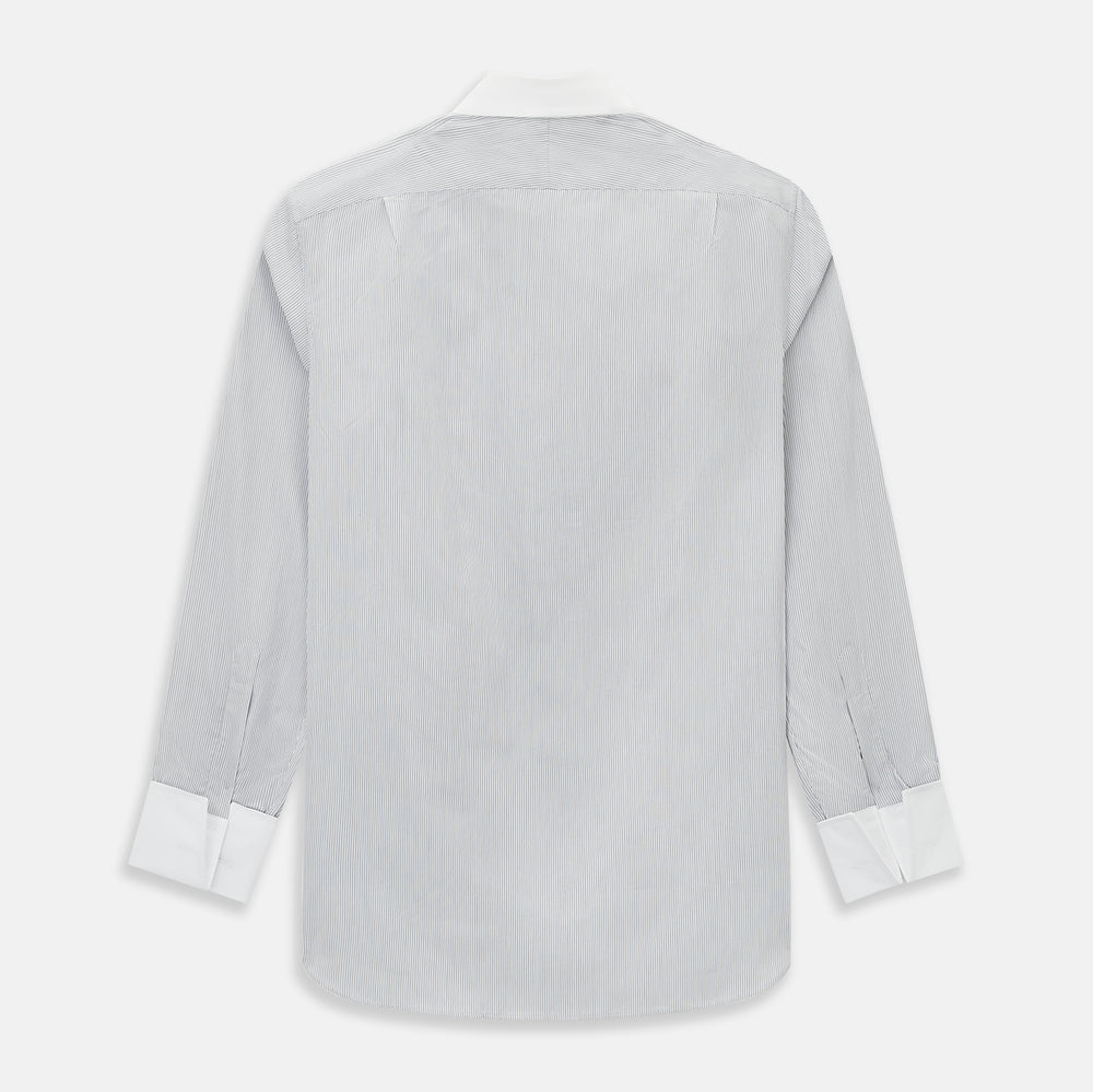 A navy men’s dress shirt with subtle white stripes, crafted from cotton and laid flat on a plain white background; the Striped White on Navy Regular Fit Shirt by Turnbull & Asser UK is a timeless formal piece for any wardrobe.