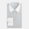 View 5 of product A navy men’s dress shirt with subtle white stripes, crafted from cotton and laid flat on a plain white background; the Striped White on Navy Regular Fit Shirt by Turnbull & Asser UK is a timeless formal piece for any wardrobe.