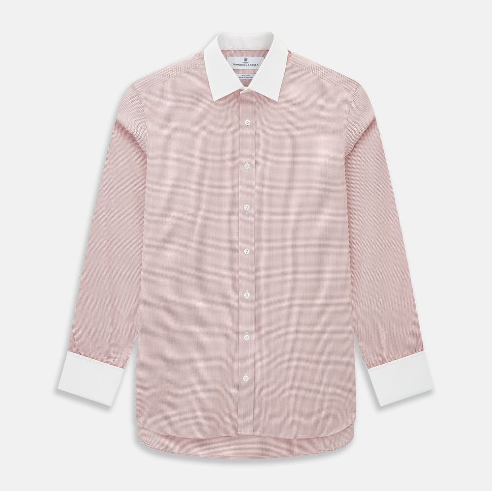 Contrast Collar Checked Red on White Regular Fit Shirt in Cotton, a regular fit button-up shirt in a fine red and white check pattern, featuring a crisp white contrast collar and white French cuffs.