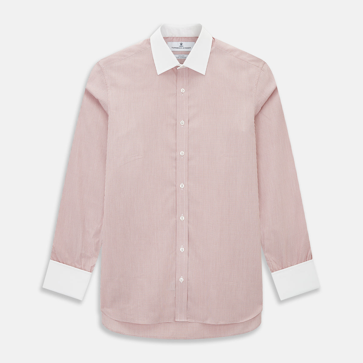View 1 of product Contrast Collar Checked Red on White Regular Fit Shirt in Cotton, a regular fit button-up shirt in a fine red and white check pattern, featuring a crisp white contrast collar and white French cuffs.