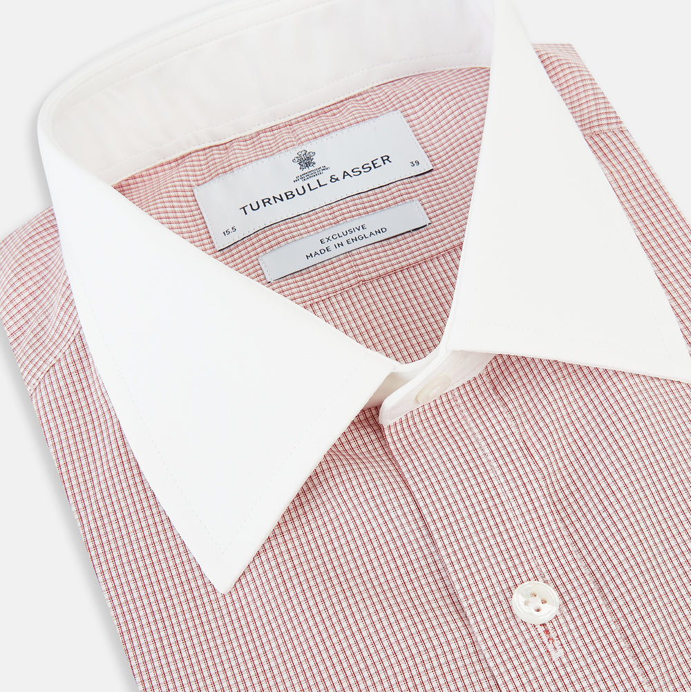 Contrast Collar Checked Red on White Regular Fit Shirt in Cotton, a regular fit button-up shirt in a fine red and white check pattern, featuring a crisp white contrast collar and white French cuffs.