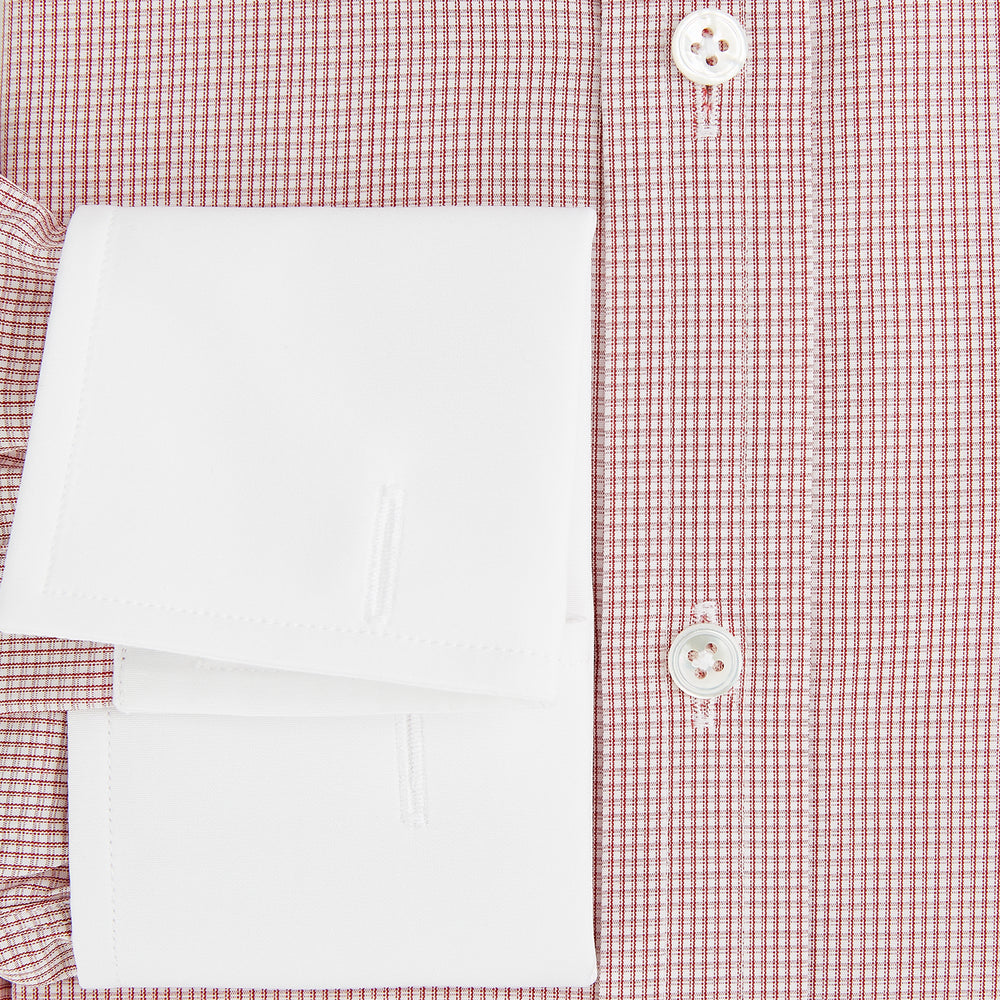 Contrast Collar Checked Red on White Regular Fit Shirt in Cotton, a regular fit button-up shirt in a fine red and white check pattern, featuring a crisp white contrast collar and white French cuffs.