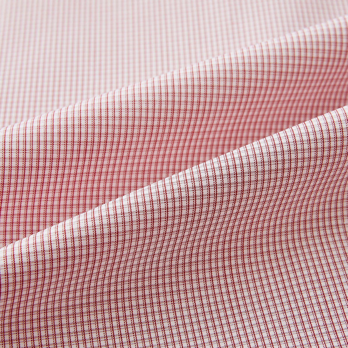 View 6 of product Contrast Collar Checked Red on White Regular Fit Shirt in Cotton, a regular fit button-up shirt in a fine red and white check pattern, featuring a crisp white contrast collar and white French cuffs.