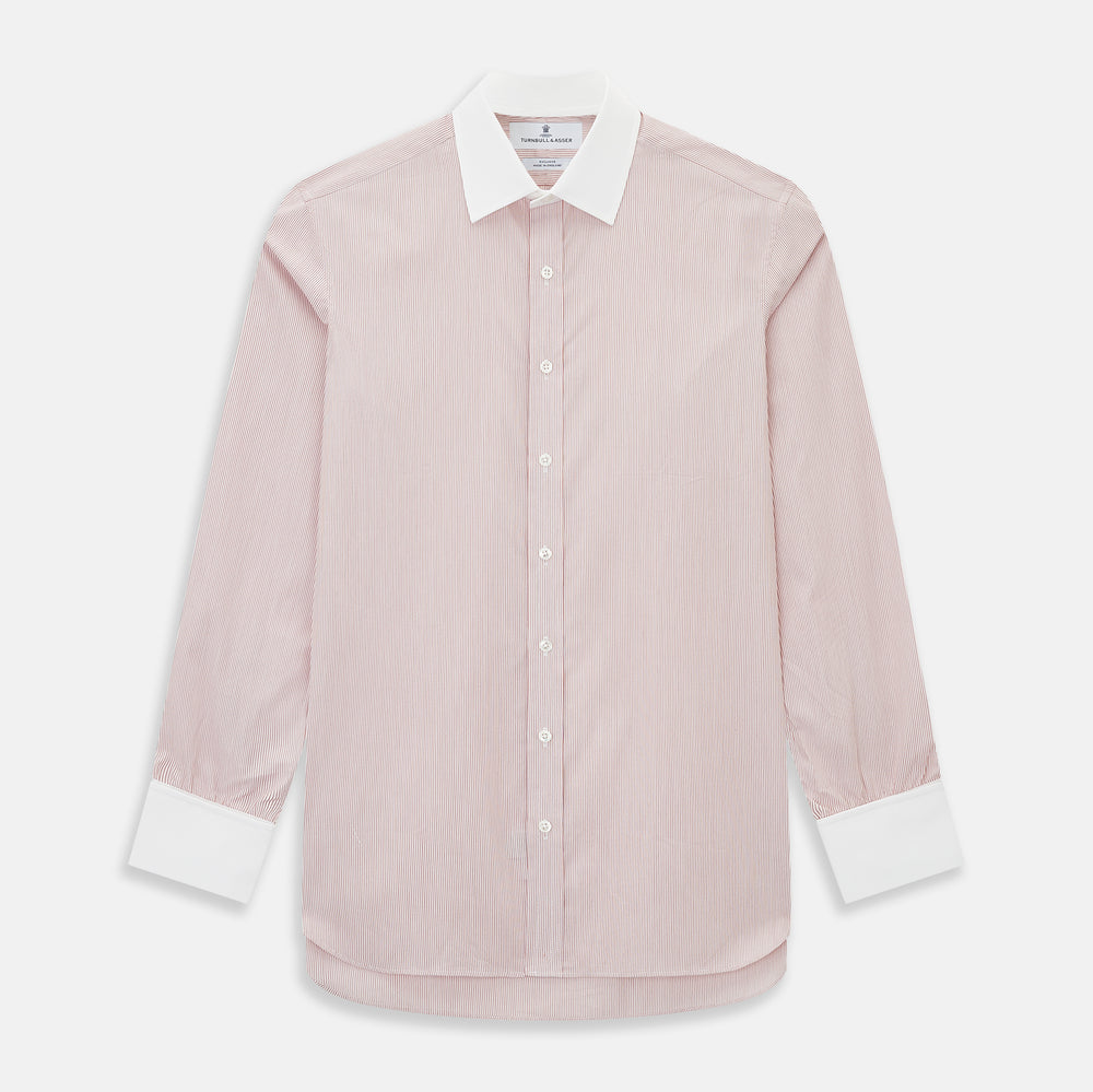 Turnbull & Asser UK SHIRTS RF NEW WH T&A CLR WHITE/DARK RED STRIPE long-sleeved button-up shirt featuring a fine dark red stripe pattern with a contrasting white spread collar and white French cuffs.