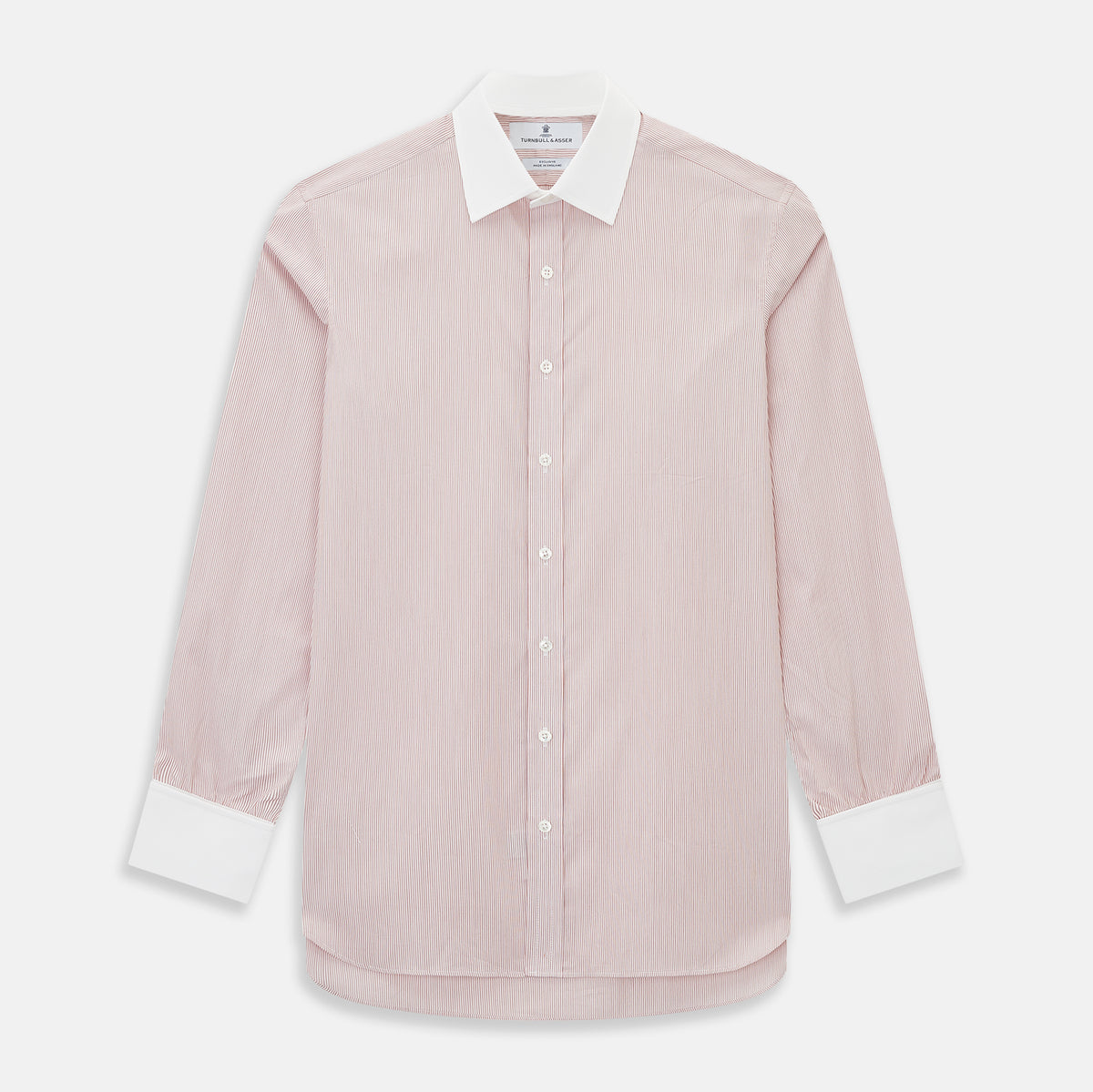 View 1 of product Turnbull & Asser UK SHIRTS RF NEW WH T&A CLR WHITE/DARK RED STRIPE long-sleeved button-up shirt featuring a fine dark red stripe pattern with a contrasting white spread collar and white French cuffs.