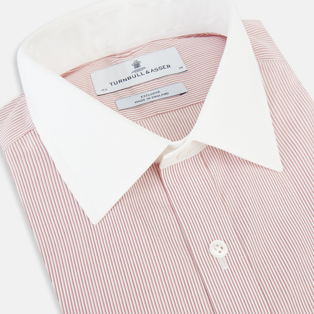 View 2 of product Turnbull & Asser UK SHIRTS RF NEW WH T&A CLR WHITE/DARK RED STRIPE long-sleeved button-up shirt featuring a fine dark red stripe pattern with a contrasting white spread collar and white French cuffs.