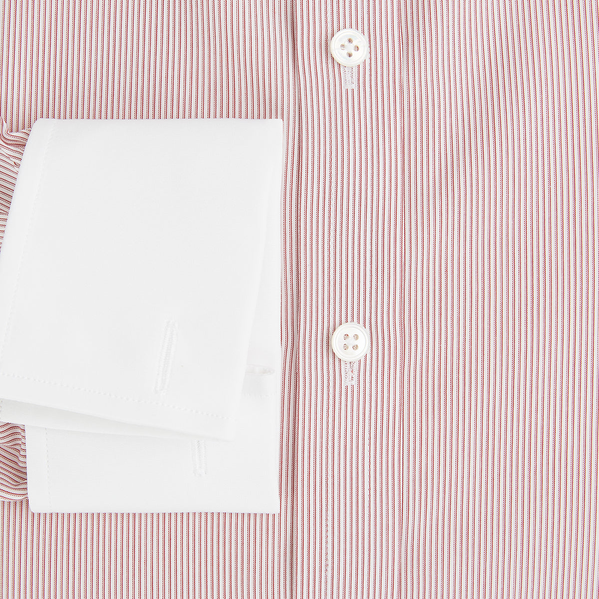 View 4 of product Turnbull & Asser UK SHIRTS RF NEW WH T&A CLR WHITE/DARK RED STRIPE long-sleeved button-up shirt featuring a fine dark red stripe pattern with a contrasting white spread collar and white French cuffs.