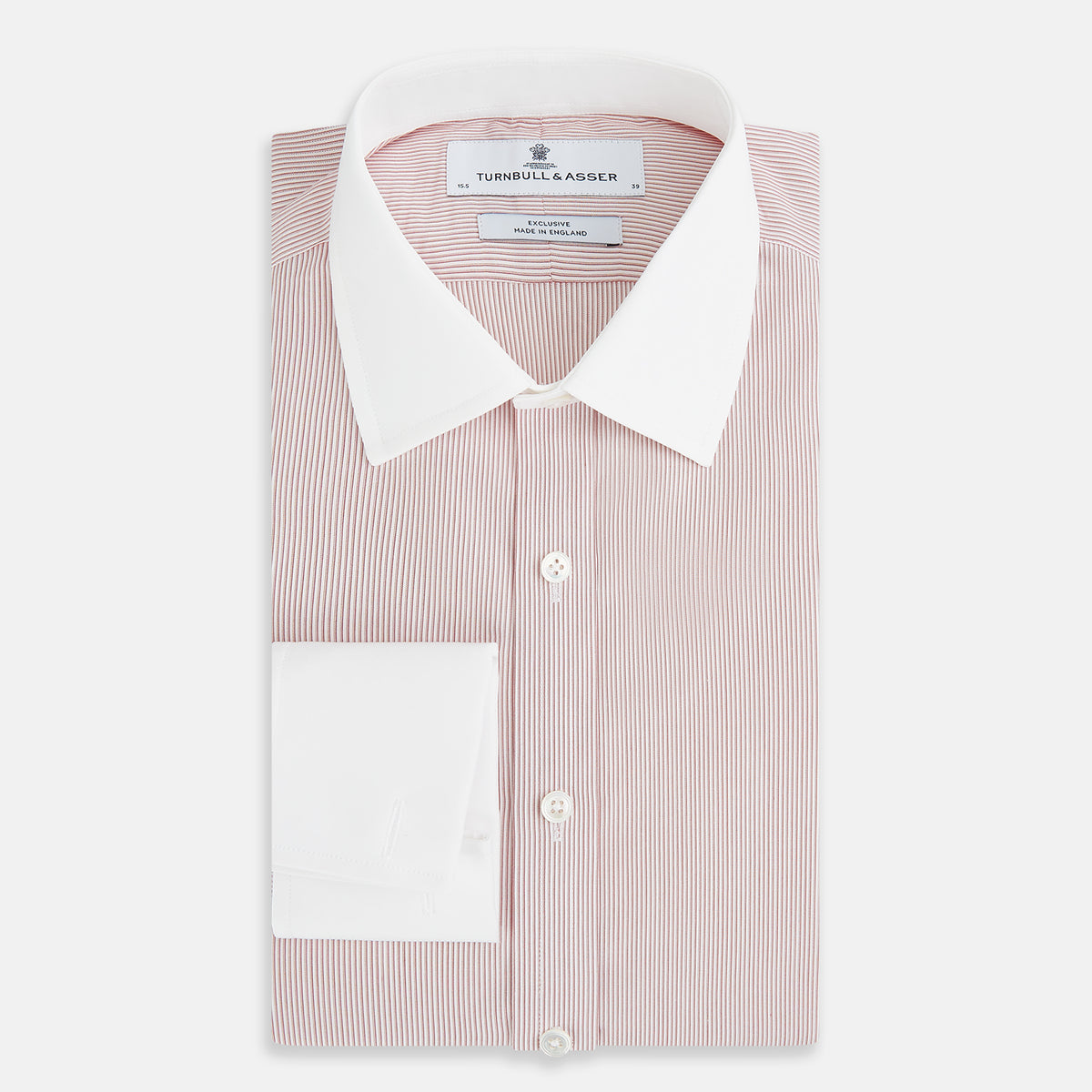 View 5 of product Turnbull & Asser UK SHIRTS RF NEW WH T&A CLR WHITE/DARK RED STRIPE long-sleeved button-up shirt featuring a fine dark red stripe pattern with a contrasting white spread collar and white French cuffs.