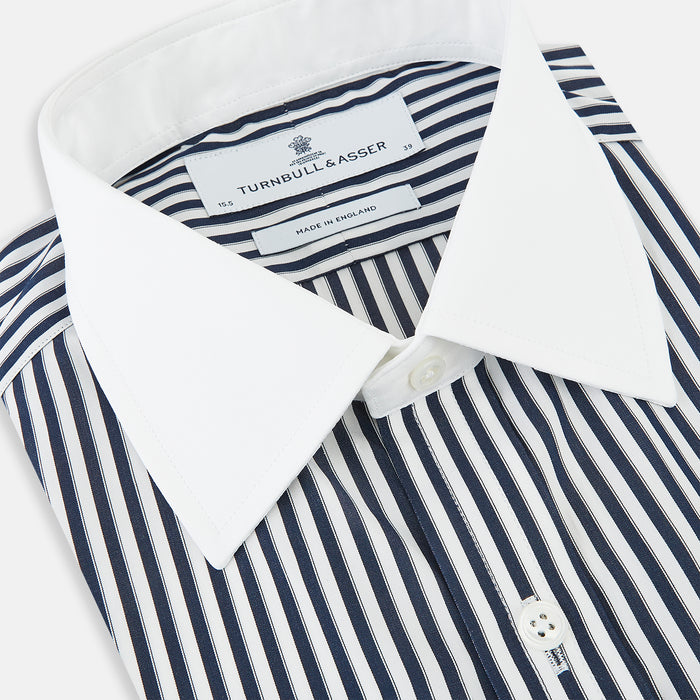 Double Stripe Navy Classic Contrast Collar Regular Fit Shirt in Cotton Image 1