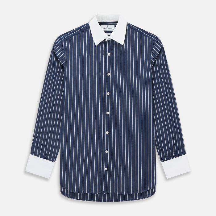 Bar Stripe Navy Classic Contrast Collar Regular Fit Shirt in Cotton