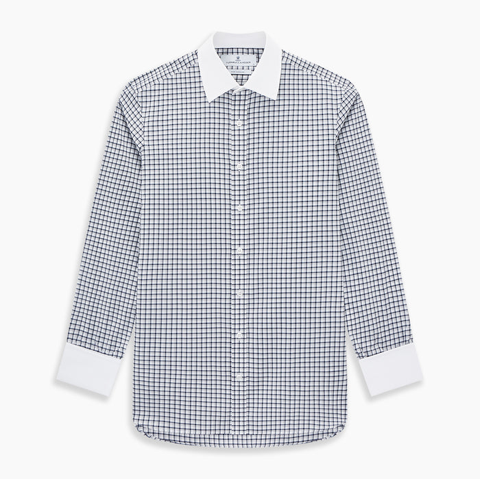 Double-Track Check Navy Classic Contrast Collar Regular Fit Shirt in Cotton Image 6