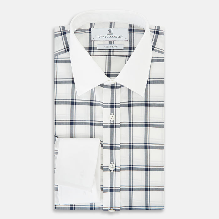 Windowpane Check Navy Classic Contrast Collar Regular Fit Shirt in Cotton Image 4