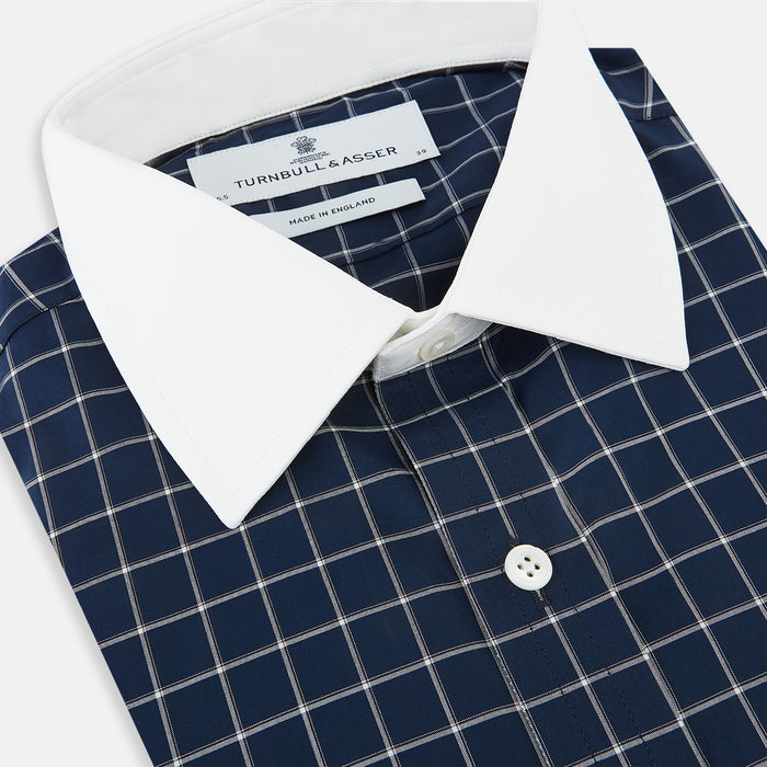 Reverse Graph Check Navy Classic Contrast Collar Regular Fit Shirt in Cotton Image 1