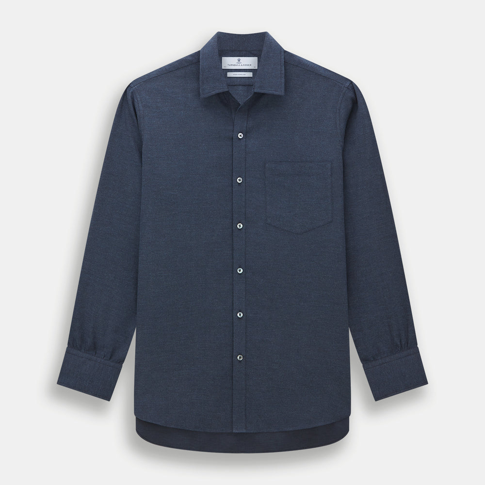 The Navy Chelsea Shirt by Turnbull & Asser is a long-sleeve, button-down flannel with a chest pocket, shown flat on a white background for a classic smart-casual style.