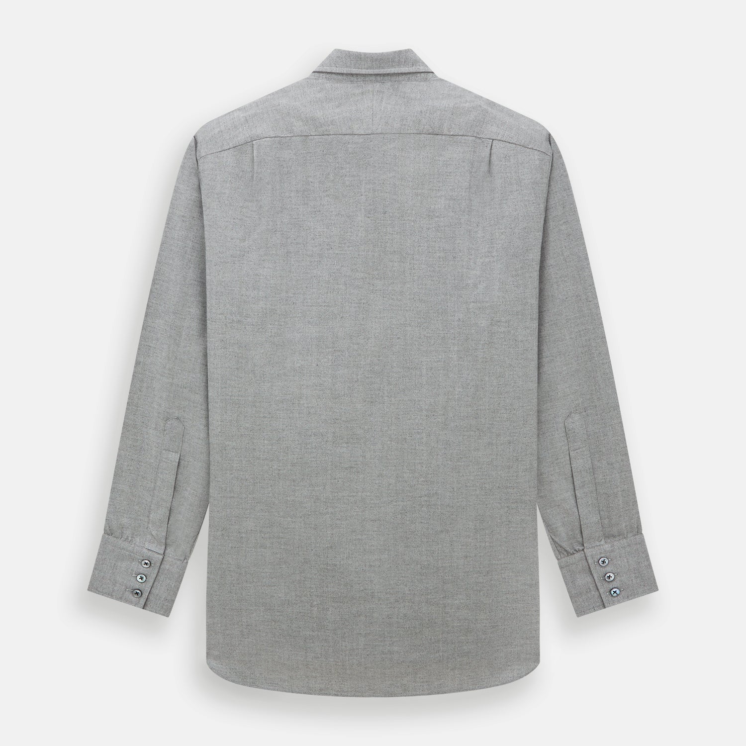 View 5 of product The Turnbull & Asser Grey Herringbone Chelsea Shirt features long sleeves, a chest pocket, classic collar, and buttoned cuffs, adding refined style to smart-casual outfits—shown here against a plain white background.