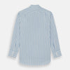 View 6 of product The Turnbull & Asser Blue Multi Track Stripe Chelsea Shirt features long sleeves, a light blue multi-stripe design, a chest pocket, open collar, and buttoned cuffs, shown laid flat on a white background.