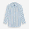 View 1 of product The Turnbull & Asser Blue Multi Track Stripe Chelsea Shirt features long sleeves, a light blue multi-stripe design, a chest pocket, open collar, and buttoned cuffs, shown laid flat on a white background.