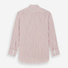 View 6 of product The Turnbull & Asser Red Multi Track Stripe Chelsea Shirt features a classic open collar, long sleeves, red vertical stripes on white, and a left chest pocket—laid flat against a plain background.