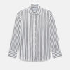 View 1 of product The Turnbull & Asser UK NAVY STRIPED COTTON WESTMINSTER SHIRT features long sleeves, a button-down front, pointed collar, and vertical navy stripes on white for classic British style.