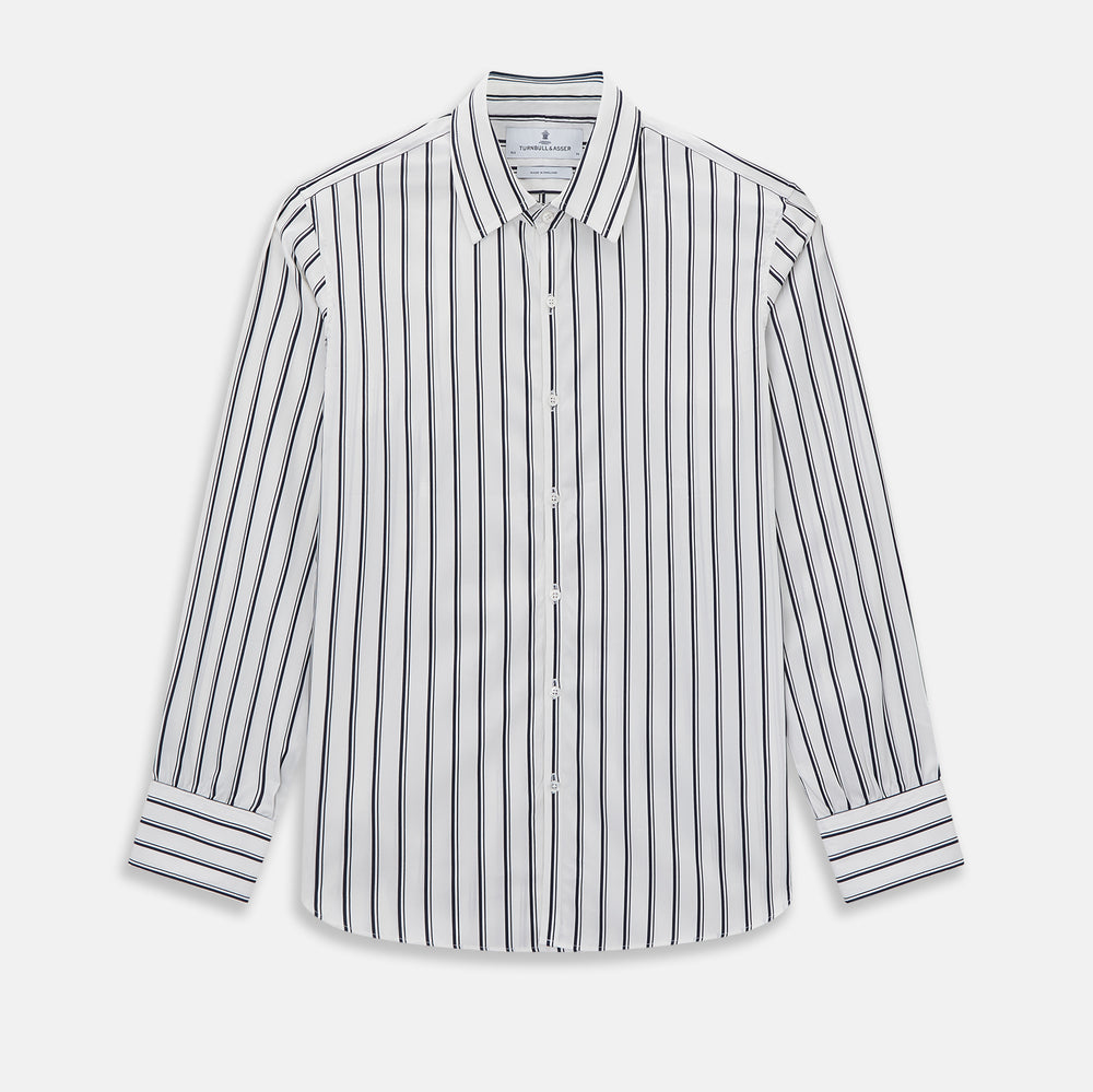 The Turnbull & Asser UK NAVY STRIPED COTTON WESTMINSTER SHIRT features long sleeves, a button-down front, pointed collar, and vertical navy stripes on white for classic British style.