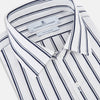 View 2 of product The Turnbull & Asser UK NAVY STRIPED COTTON WESTMINSTER SHIRT features long sleeves, a button-down front, pointed collar, and vertical navy stripes on white for classic British style.