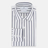 View 5 of product The Turnbull & Asser UK NAVY STRIPED COTTON WESTMINSTER SHIRT features long sleeves, a button-down front, pointed collar, and vertical navy stripes on white for classic British style.