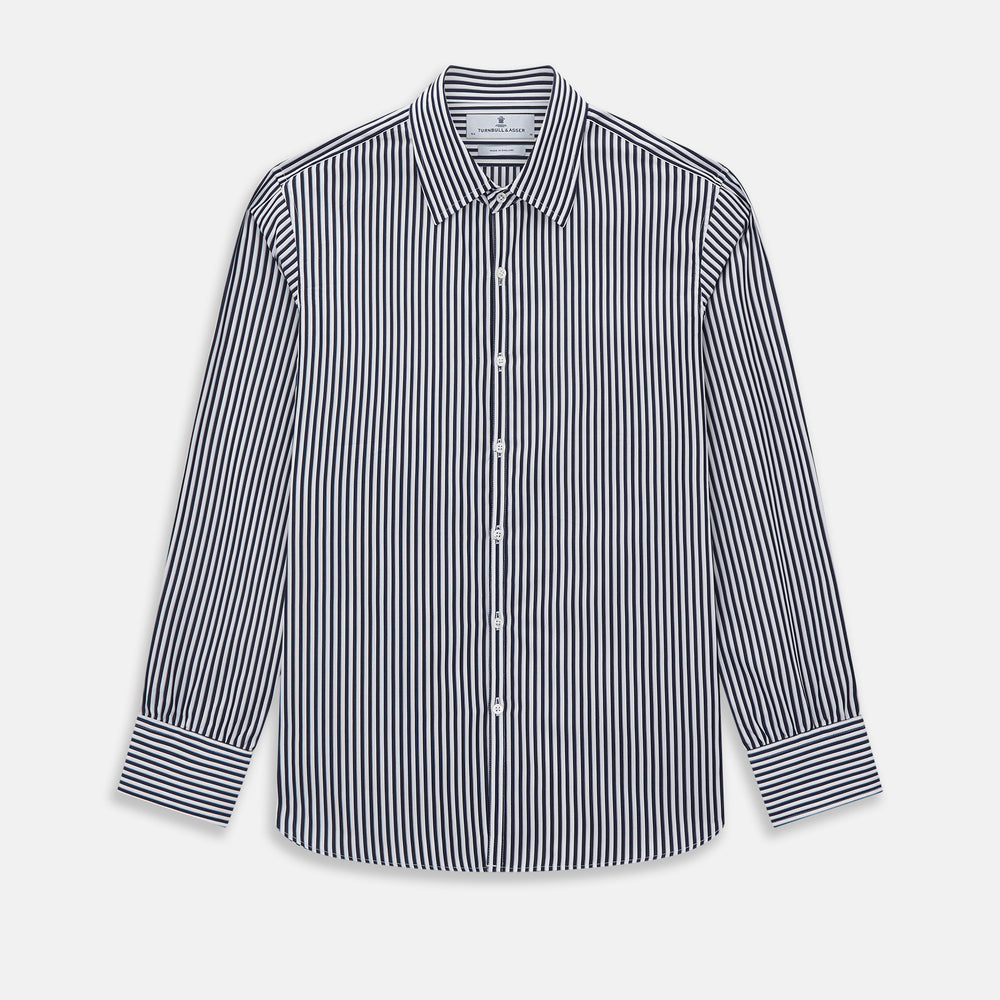 Here is a rewritten version using your product data: A Striped Navy on White Westminster Regular Fit Shirt in Cotton by Turnbull & Asser UK, featuring long sleeves, a button-up front, and a collared neckline with classic vertical stripes. The shirt is neatly laid flat on a white background.