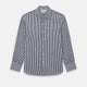 Here is a rewritten version using your product data: A Striped Navy on White Westminster Regular Fit Shirt in Cotton by Turnbull & Asser UK, featuring long sleeves, a button-up front, and a collared neckline with classic vertical stripes. The shirt is neatly laid flat on a white background.