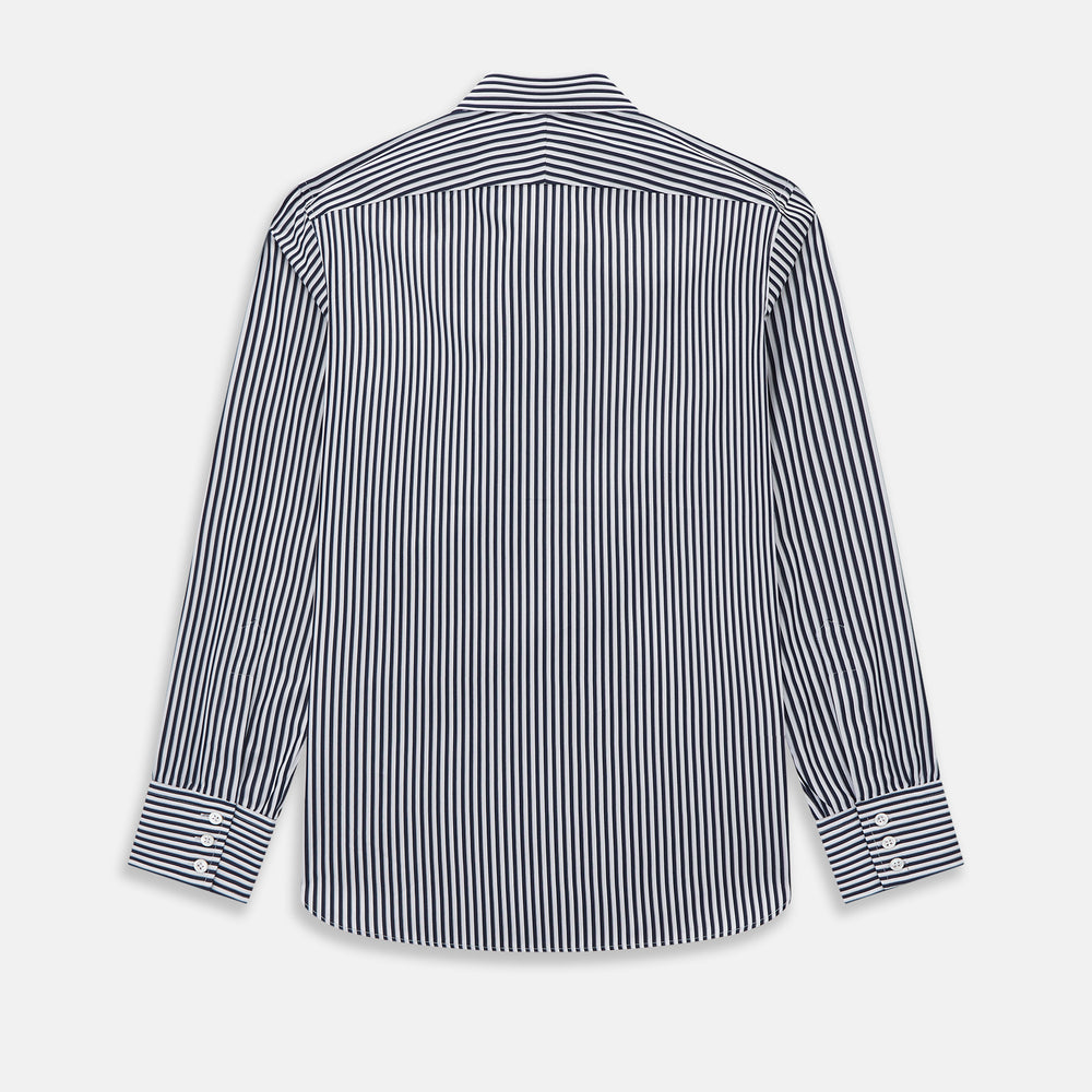Here is a rewritten version using your product data: A Striped Navy on White Westminster Regular Fit Shirt in Cotton by Turnbull & Asser UK, featuring long sleeves, a button-up front, and a collared neckline with classic vertical stripes. The shirt is neatly laid flat on a white background.