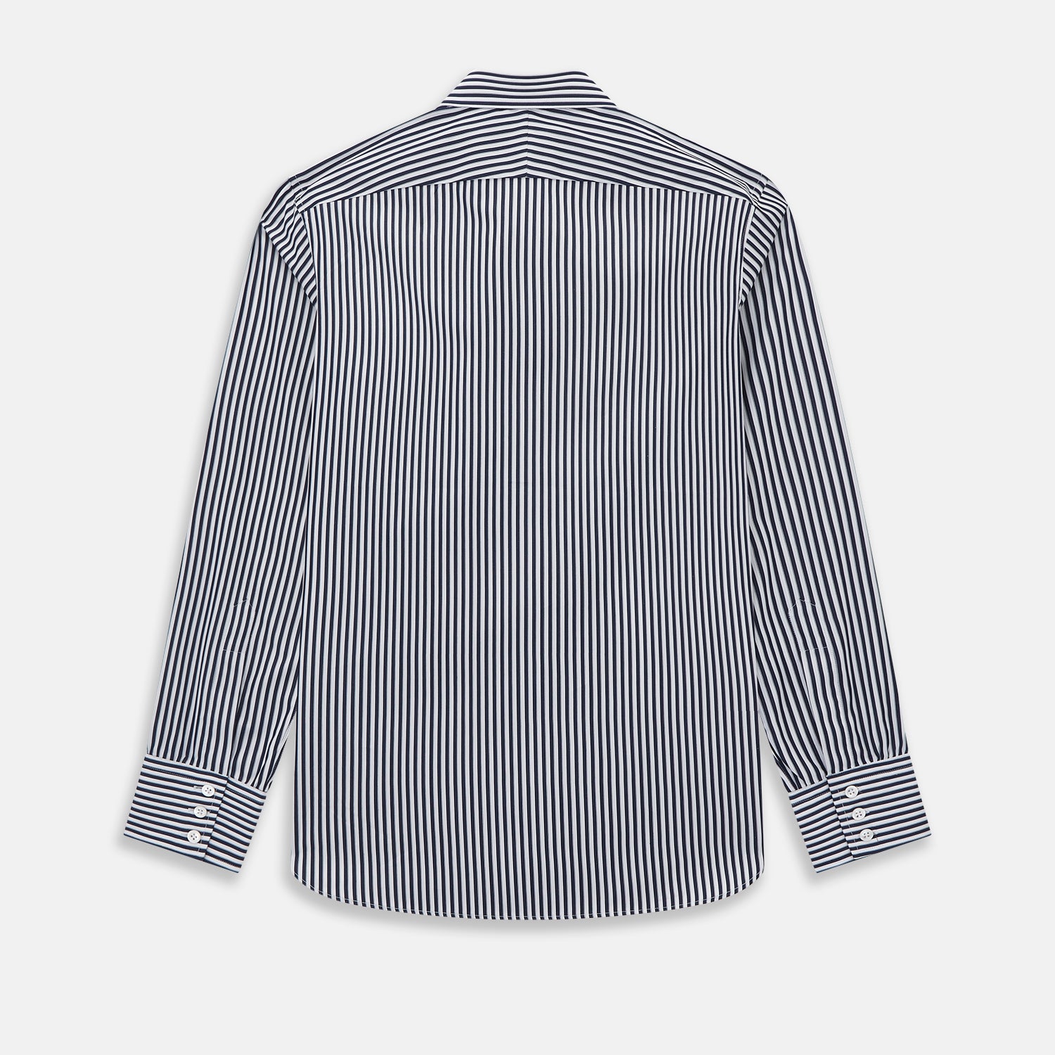View 3 of product Here is a rewritten version using your product data: A Striped Navy on White Westminster Regular Fit Shirt in Cotton by Turnbull & Asser UK, featuring long sleeves, a button-up front, and a collared neckline with classic vertical stripes. The shirt is neatly laid flat on a white background.