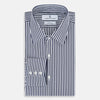 View 5 of product Here is a rewritten version using your product data: A Striped Navy on White Westminster Regular Fit Shirt in Cotton by Turnbull & Asser UK, featuring long sleeves, a button-up front, and a collared neckline with classic vertical stripes. The shirt is neatly laid flat on a white background.
