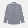 View 1 of product The Striped Navy on White Westminster Regular Fit Shirt in Cotton by Turnbull & Asser UK features vertical navy and white stripes, a classic collar, and buttoned cuffs—a refined example of British shirting, elegantly displayed on a white background.