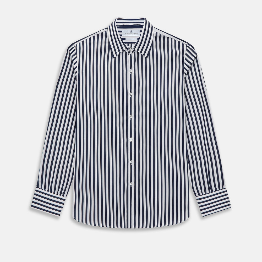 The Striped Navy on White Westminster Regular Fit Shirt in Cotton by Turnbull & Asser UK features vertical navy and white stripes, a classic collar, and buttoned cuffs—a refined example of British shirting, elegantly displayed on a white background.