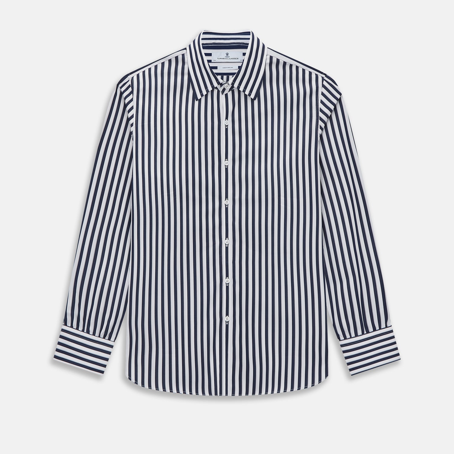 View 1 of product The Striped Navy on White Westminster Regular Fit Shirt in Cotton by Turnbull & Asser UK features vertical navy and white stripes, a classic collar, and buttoned cuffs—a refined example of British shirting, elegantly displayed on a white background.