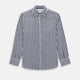 The Striped Navy on White Westminster Regular Fit Shirt in Cotton by Turnbull & Asser UK features vertical navy and white stripes, a classic collar, and buttoned cuffs—a refined example of British shirting, elegantly displayed on a white background.