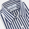 View 2 of product The Striped Navy on White Westminster Regular Fit Shirt in Cotton by Turnbull & Asser UK features vertical navy and white stripes, a classic collar, and buttoned cuffs—a refined example of British shirting, elegantly displayed on a white background.