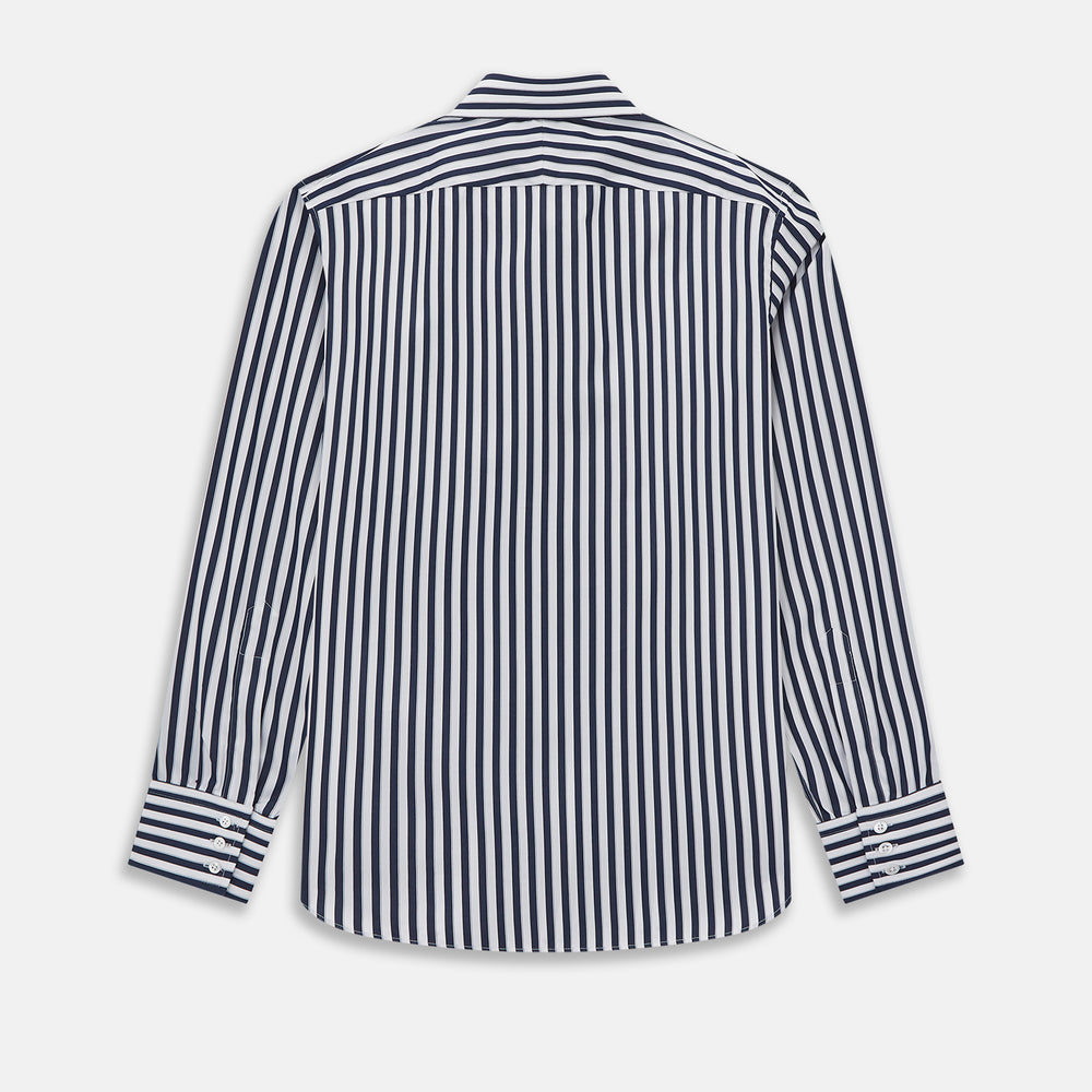 The Striped Navy on White Westminster Regular Fit Shirt in Cotton by Turnbull & Asser UK features vertical navy and white stripes, a classic collar, and buttoned cuffs—a refined example of British shirting, elegantly displayed on a white background.