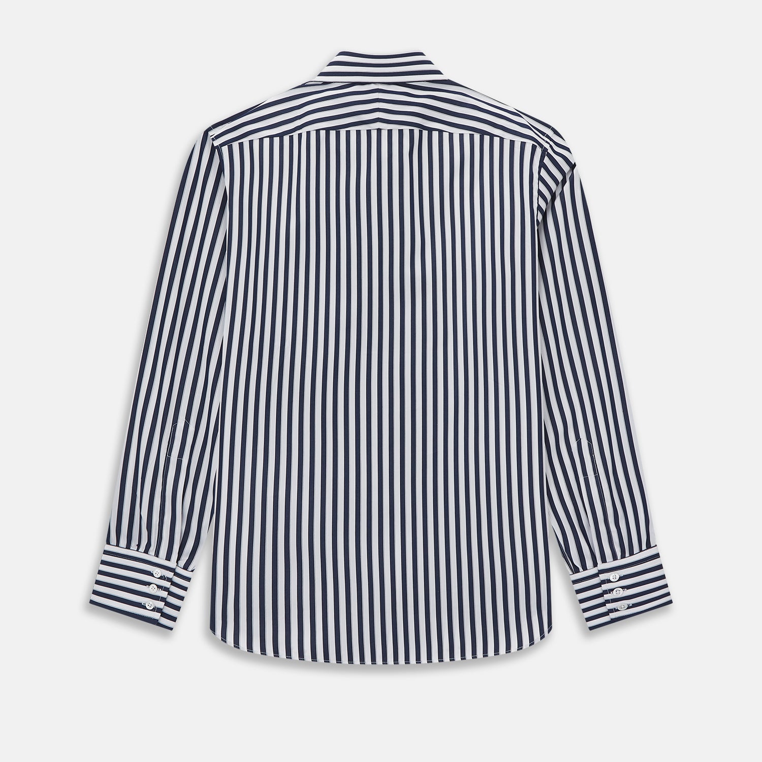 View 8 of product The Striped Navy on White Westminster Regular Fit Shirt in Cotton by Turnbull & Asser UK features vertical navy and white stripes, a classic collar, and buttoned cuffs—a refined example of British shirting, elegantly displayed on a white background.