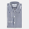 View 4 of product The Striped Navy on White Westminster Regular Fit Shirt in Cotton by Turnbull & Asser UK features vertical navy and white stripes, a classic collar, and buttoned cuffs—a refined example of British shirting, elegantly displayed on a white background.