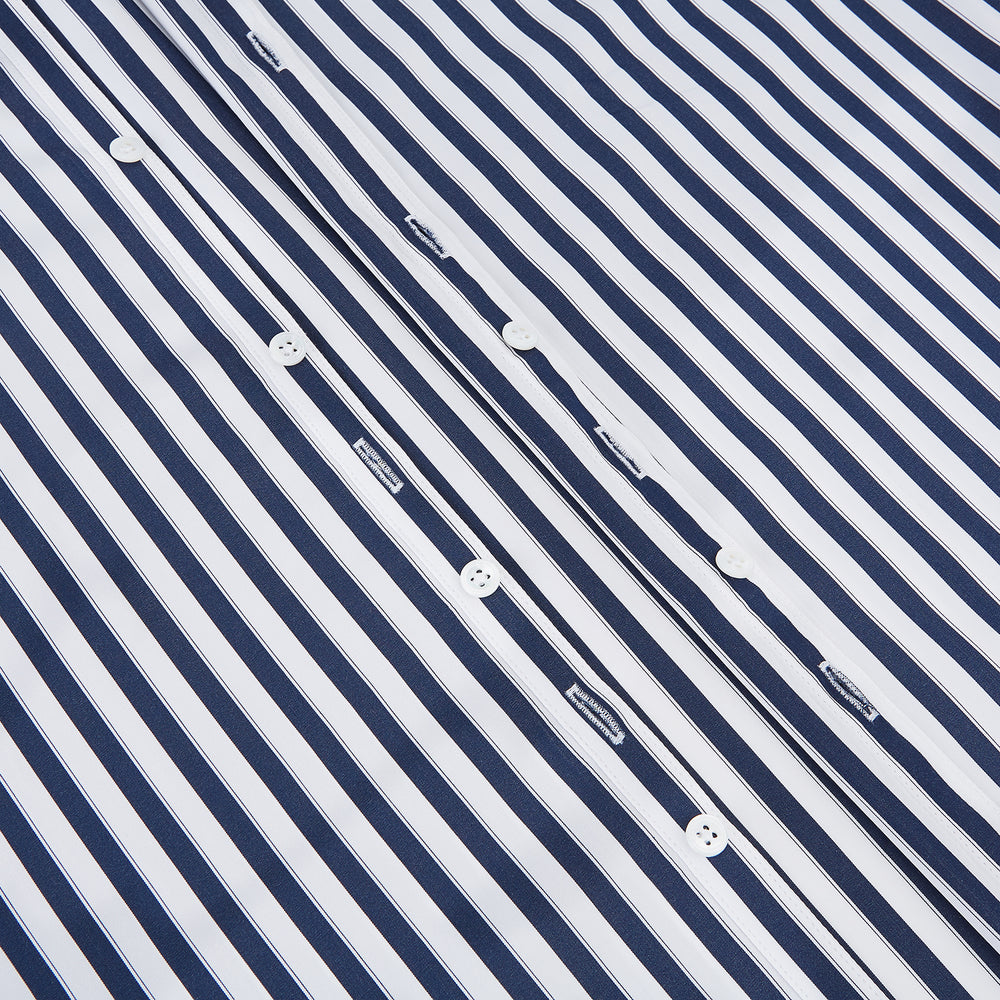 The Striped Navy on White Westminster Regular Fit Shirt in Cotton by Turnbull & Asser UK features vertical navy and white stripes, a classic collar, and buttoned cuffs—a refined example of British shirting, elegantly displayed on a white background.