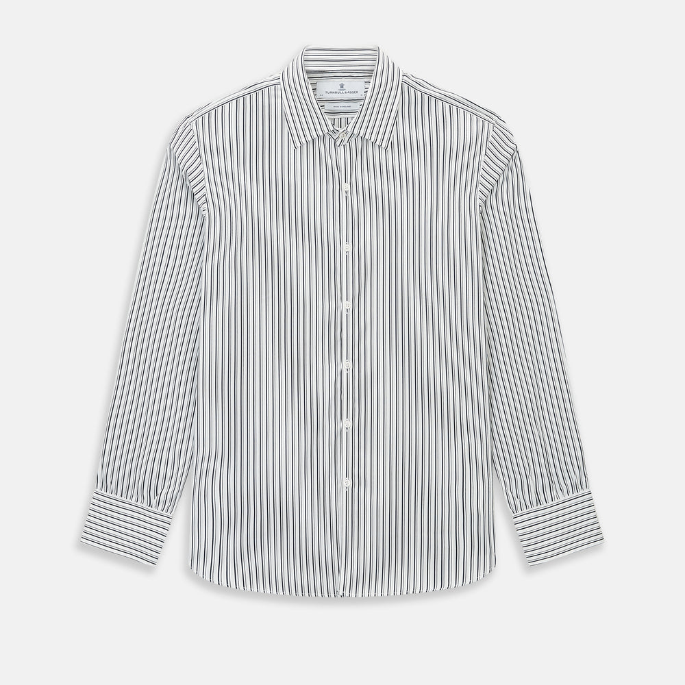 Turnbull & Asser UK Navy Stripe on White Westminster Shirt with a closed collar and button cuffs, laid flat on a white background.