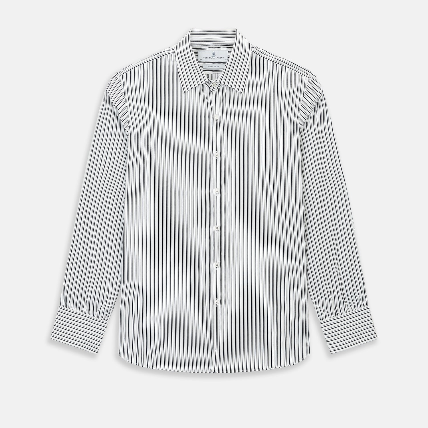 View 1 of product Turnbull & Asser UK Navy Stripe on White Westminster Shirt with a closed collar and button cuffs, laid flat on a white background.