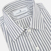 View 2 of product Turnbull & Asser UK Navy Stripe on White Westminster Shirt with a closed collar and button cuffs, laid flat on a white background.